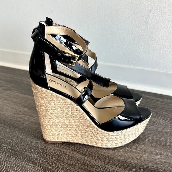 Michael Kors Gabriella Black Patent Leather Espadrille Wedges Platform Sandals - Picture 1 of 16